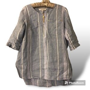 Ellen Tracy Blue Linen Shirt Top  Half-zip  Size S